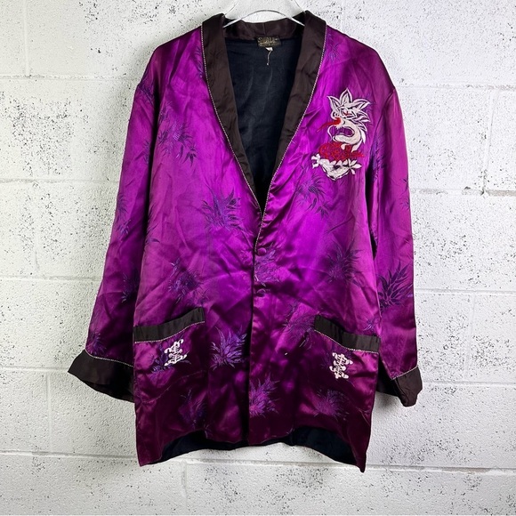 Vintage Silk Kimono Robe Dragon Embroidered Purple Button Front Jacket